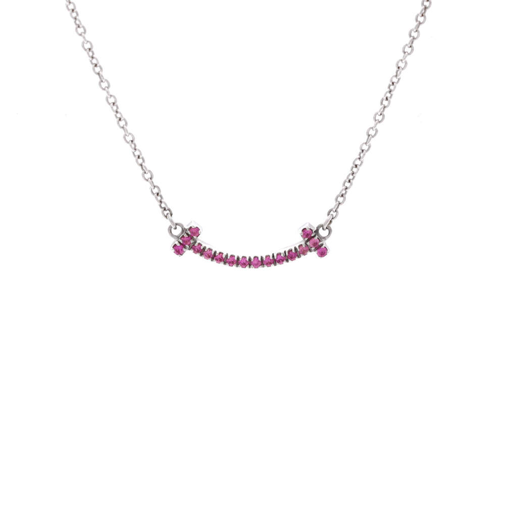 Tiffany & Co. Mini T Smile Pendant Necklace 18K White Gold with Pink Sapphires